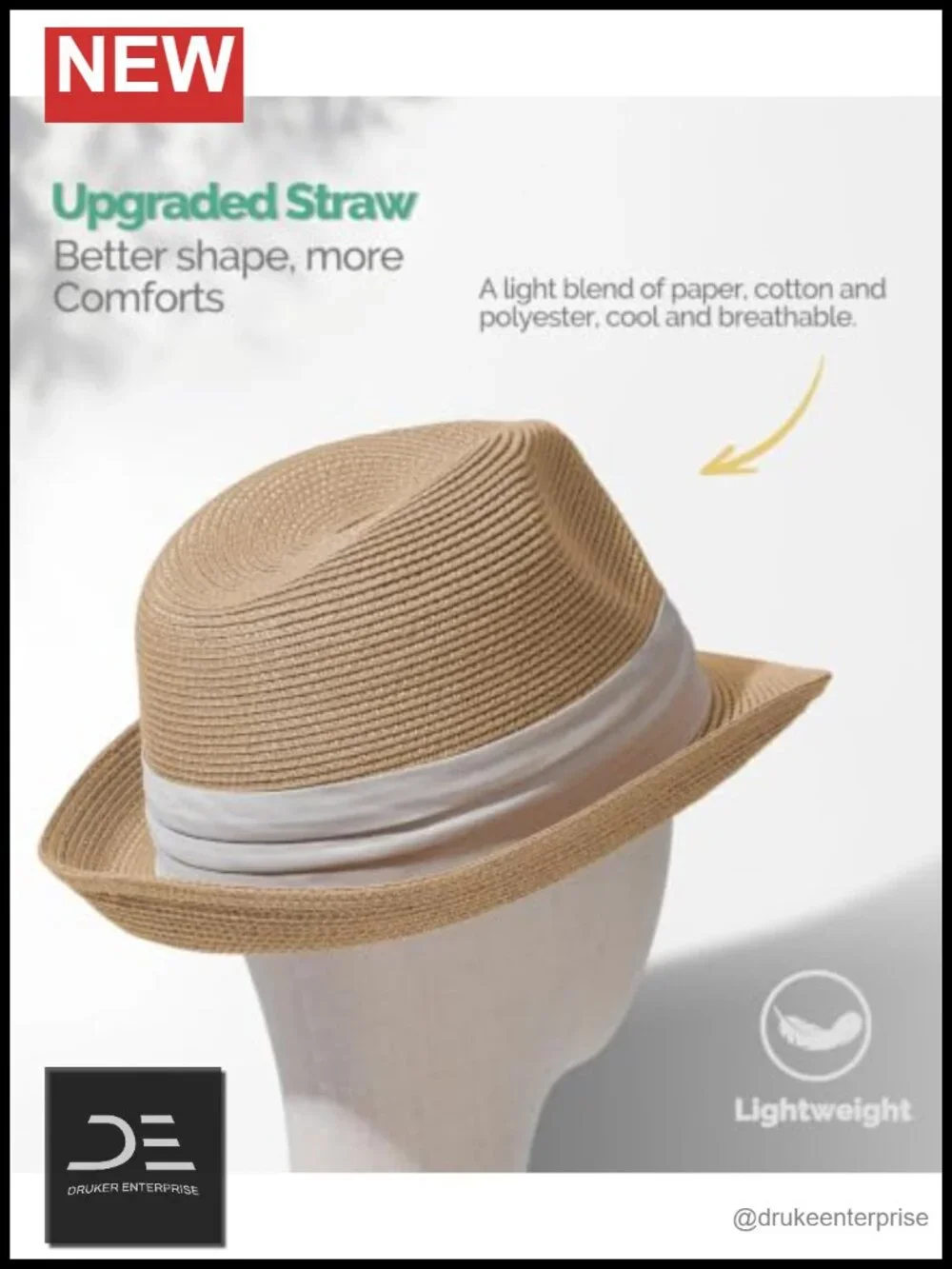 Ultra-Light Straw Fedora Sun Hat UPF 50+ Packable Short Brim Panama